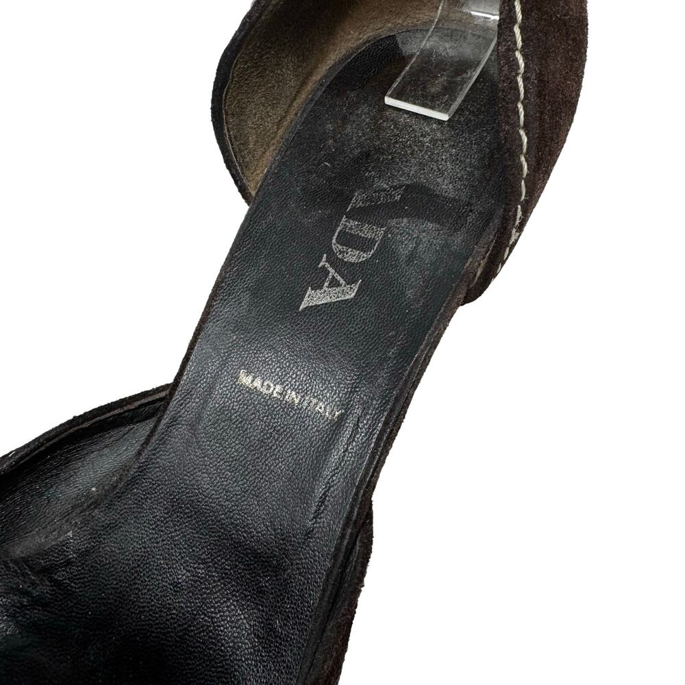 Prada Brown Suede Buckle Heels Size 39.5 Vintage Kitten Pumps Designer Shoes - Picture 6 of 10